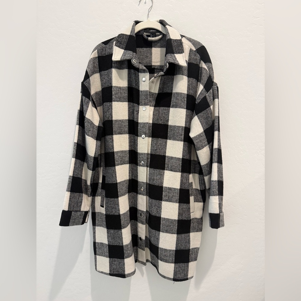 Forever 21 Black and White Plaid Button-Up Longline Coat